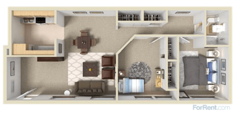 Floor plan for 2 beds, 1 bath, 929 sqft